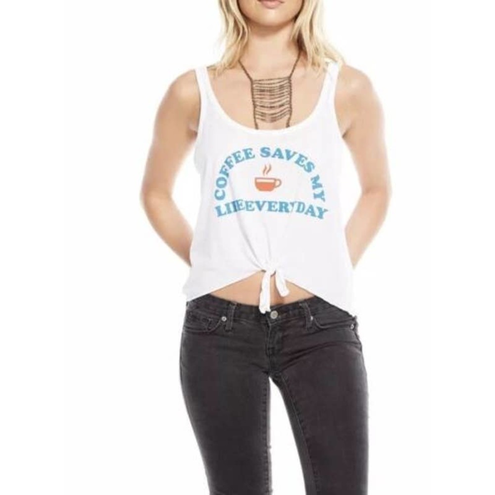 Chaser NWT Coffee Saves My Life Everyday Knotted Hem Tank Top White Size Medium